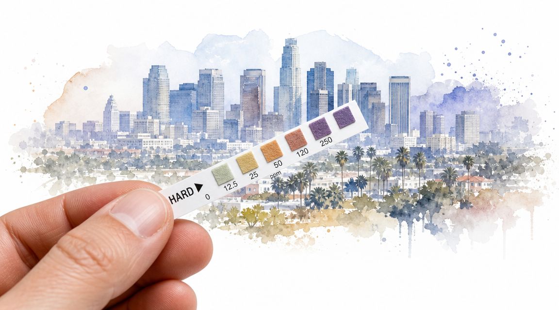 A hand holds a water hardness test strip against a watercolor illustration of the Los Angeles skyline.