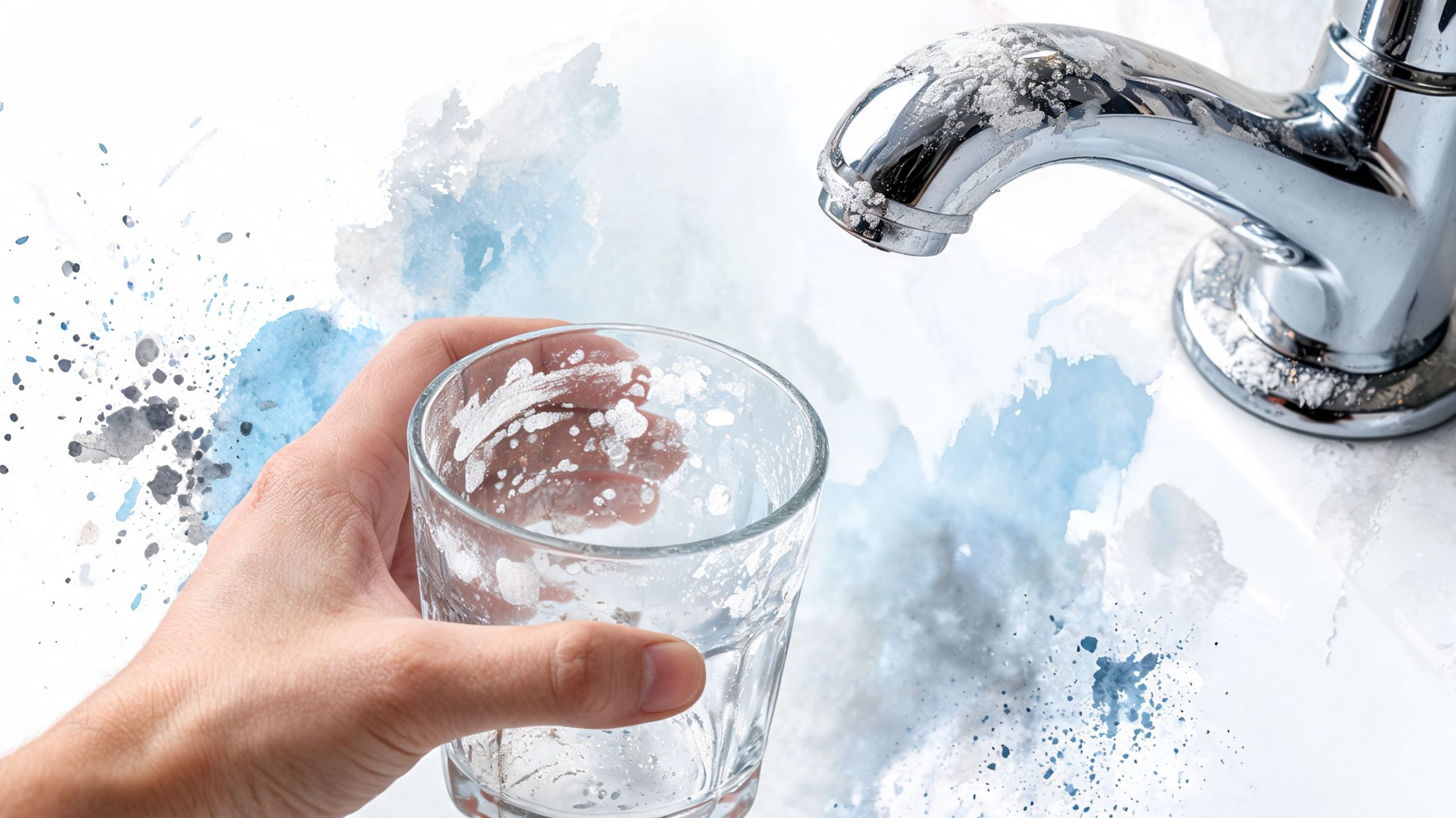 A hand holding a glass filled with hard water deposits next to a lime-encrusted chrome bathroom faucet.