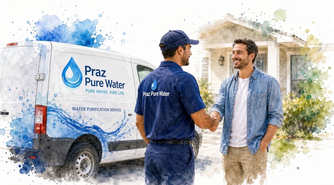 A service technician from Praz Pure Water shaking hands with a homeowner in front of their house.