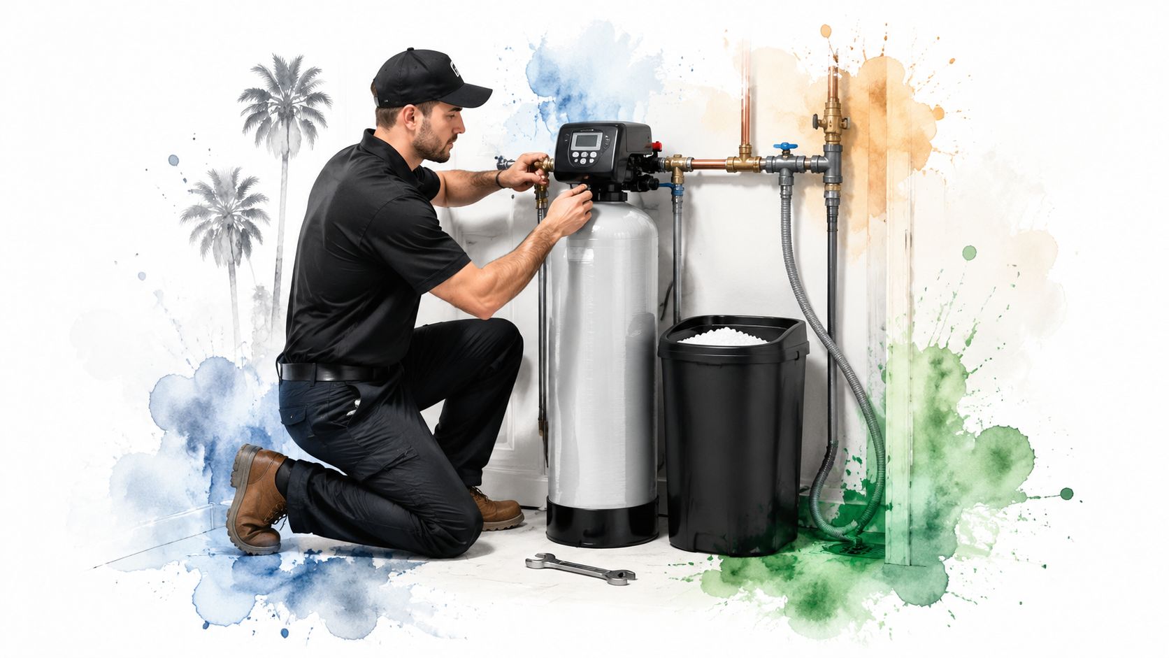 A professional technician installing a residential water softener system in a home in Los Angeles.