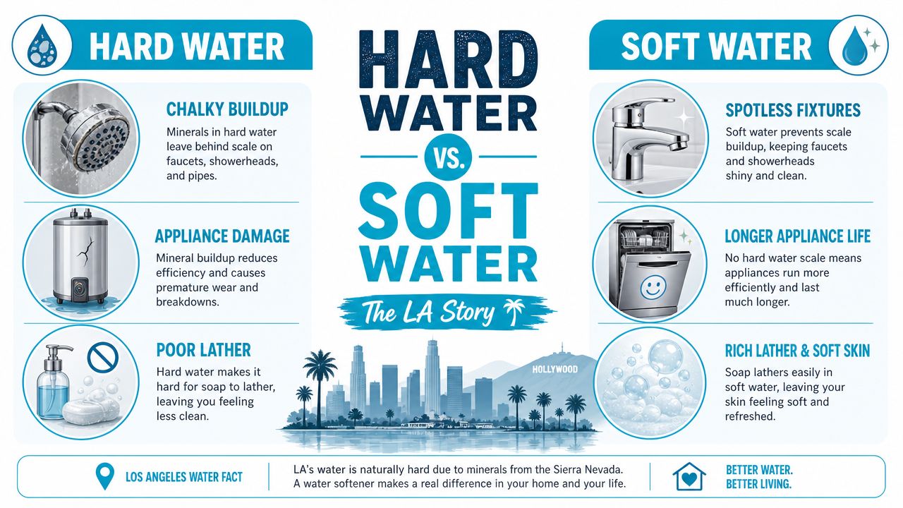 An infographic comparing the negative impacts of hard water against the benefits of soft water in Los Angeles.