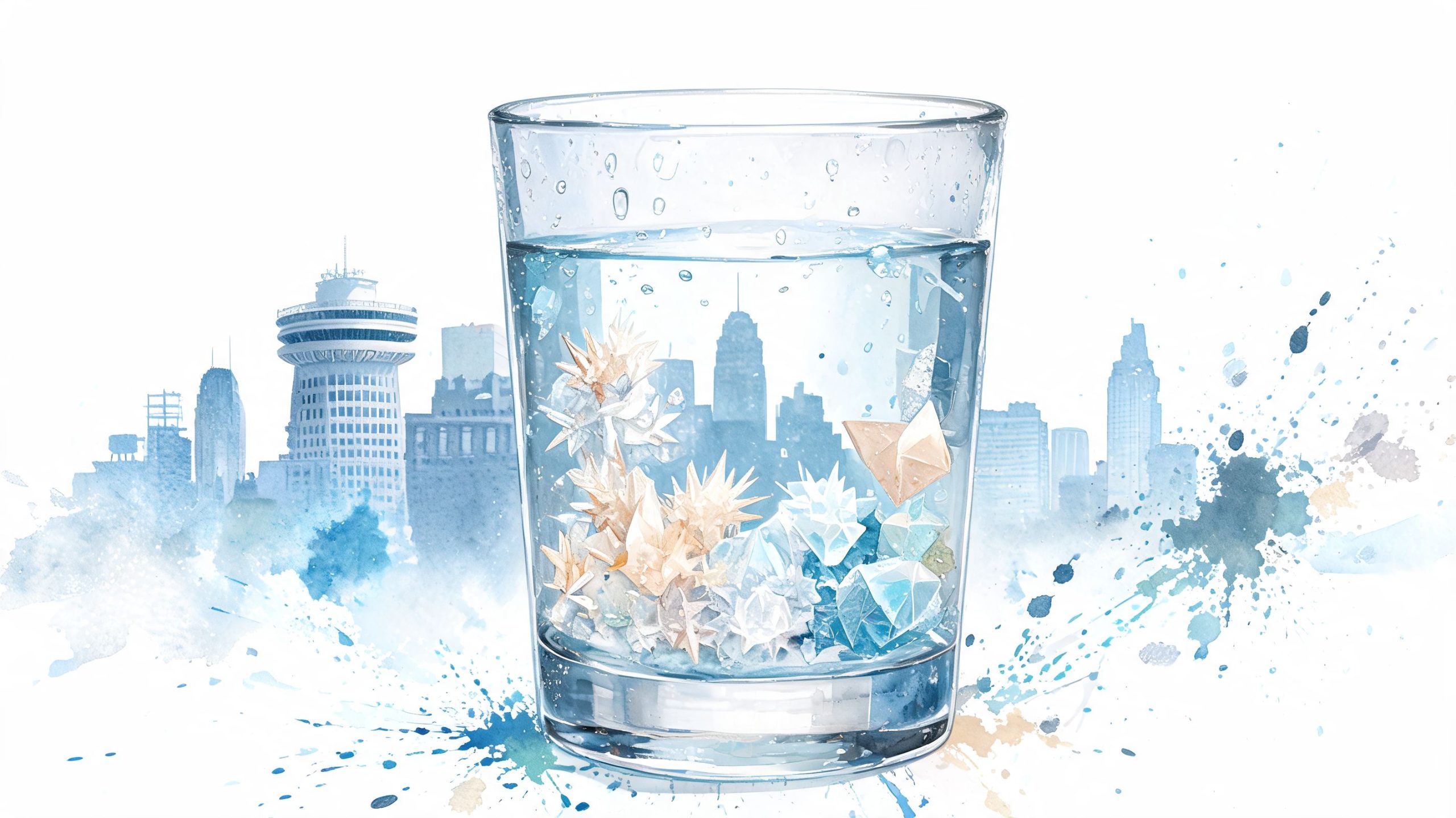 A glass of water filled with ice crystals and city skyline silhouettes in a watercolor illustration style.