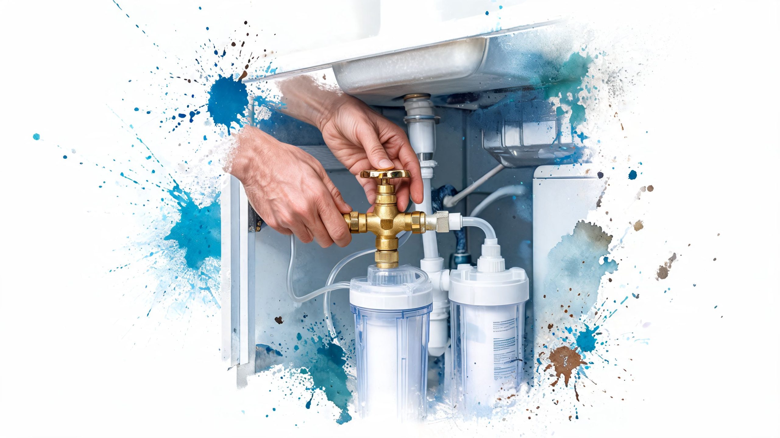A professional plumber installing a residential water filtration system under a kitchen sink in Los Angeles.