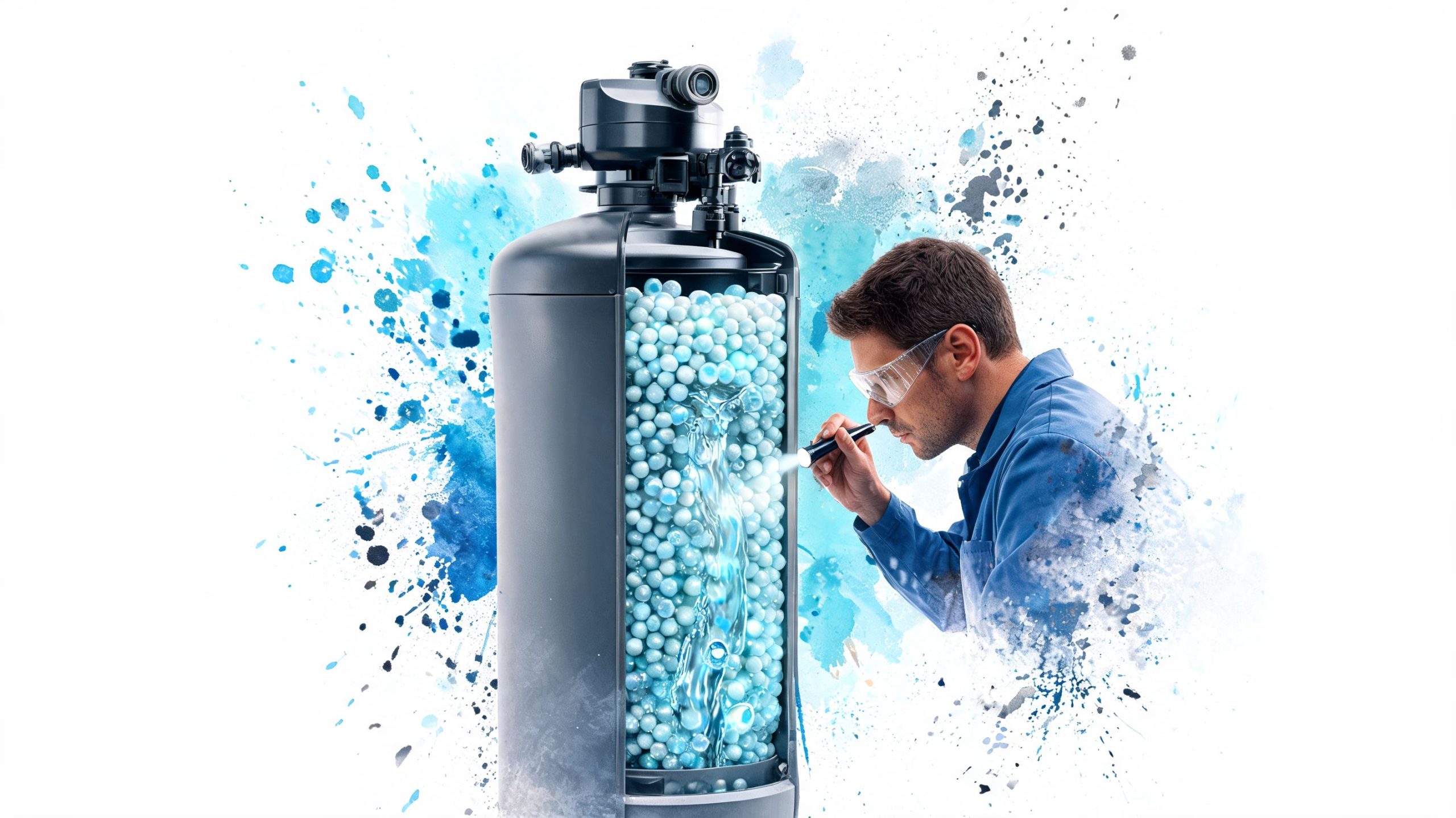 Technician in safety goggles inspecting the interior of a water softener system filled with filtration media.
