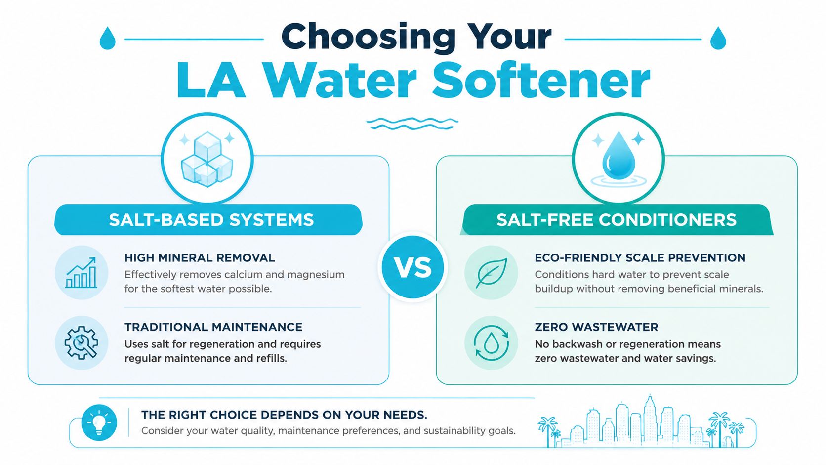 A comparison infographic between salt-based water softeners and salt-free conditioners for Los Angeles water systems.
