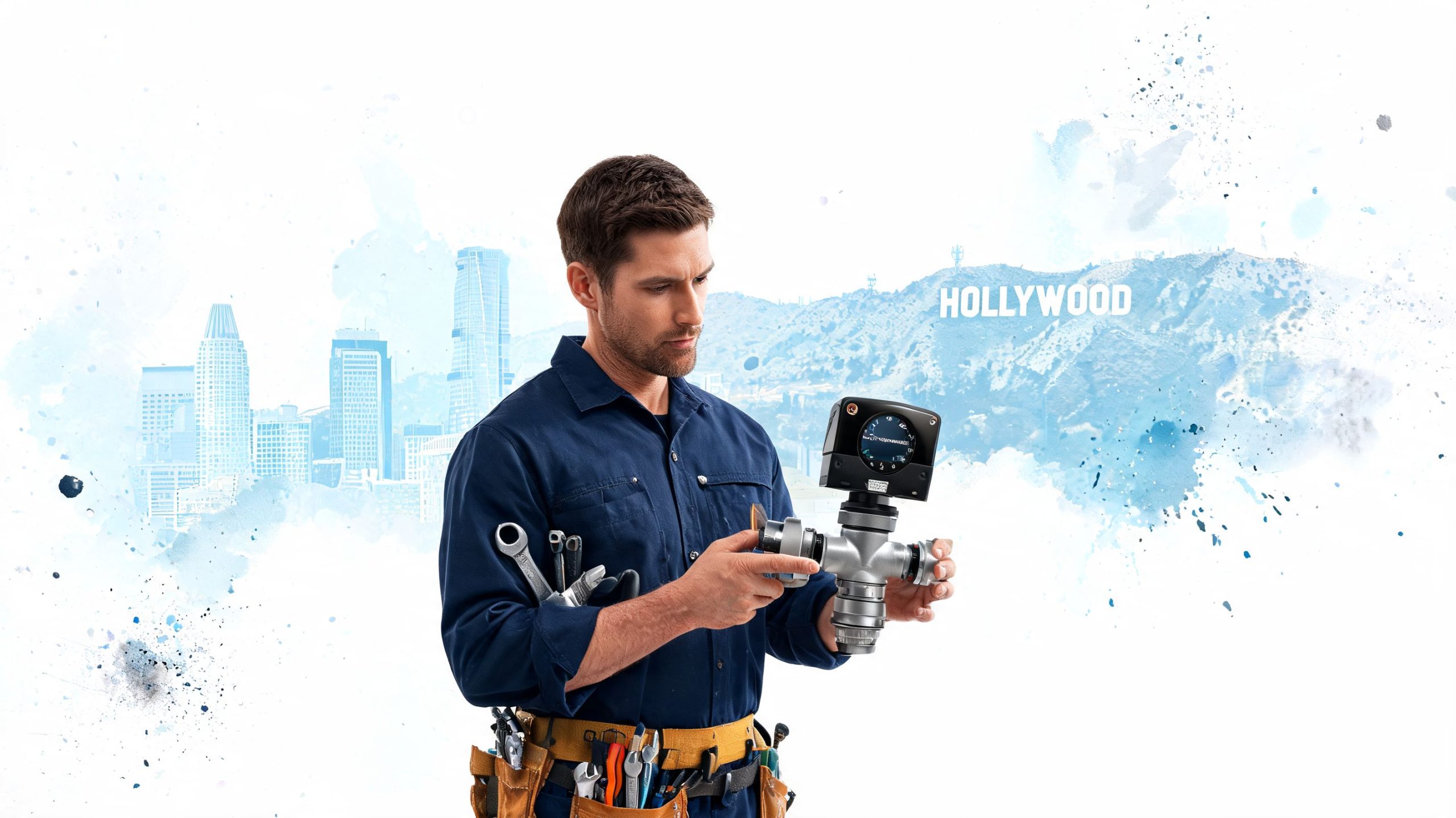A professional plumber in a blue uniform inspecting a specialized pipe component with a digital gauge.