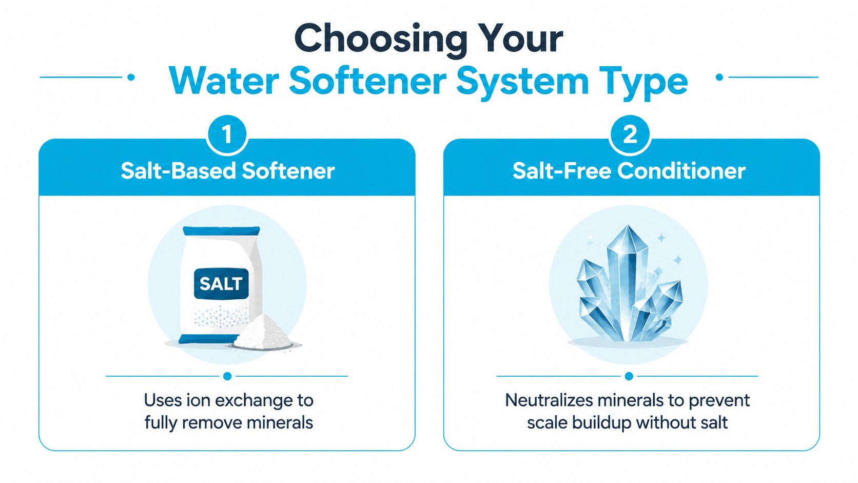 A comparison chart explaining the differences between salt-based water softeners and salt-free water conditioners for home use.