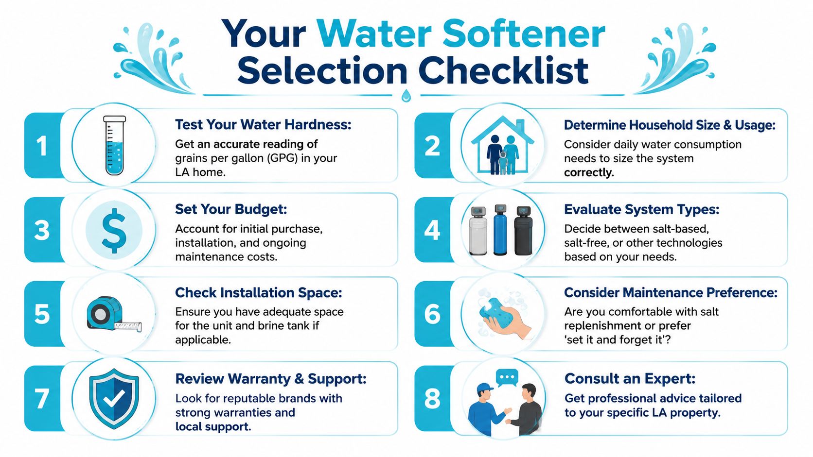 An infographic checklist for selecting a water softener system for your home in Los Angeles.