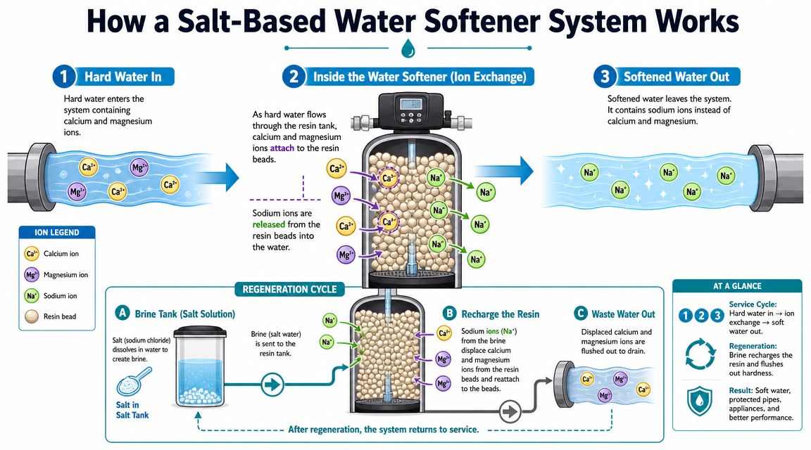A diagram illustrating how a salt-based water softener system removes hard minerals through ion exchange.