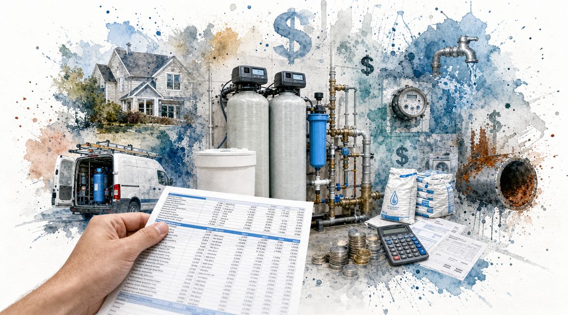 A hand holds a water bill while showing a water softener system setup and residential plumbing equipment.