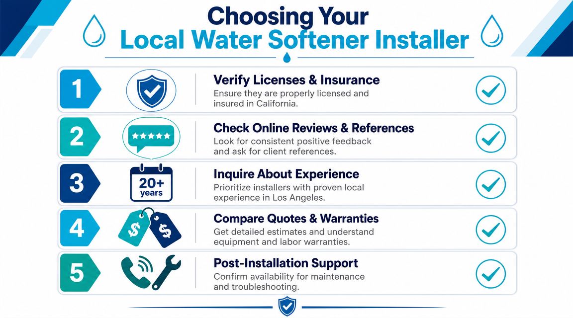 An infographic titled Choosing Your Local Water Softener Installer offering five essential tips for hiring professional services.