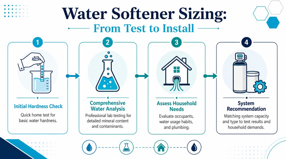 A four-step infographic illustrating the process of testing water and selecting the correct water softener system.