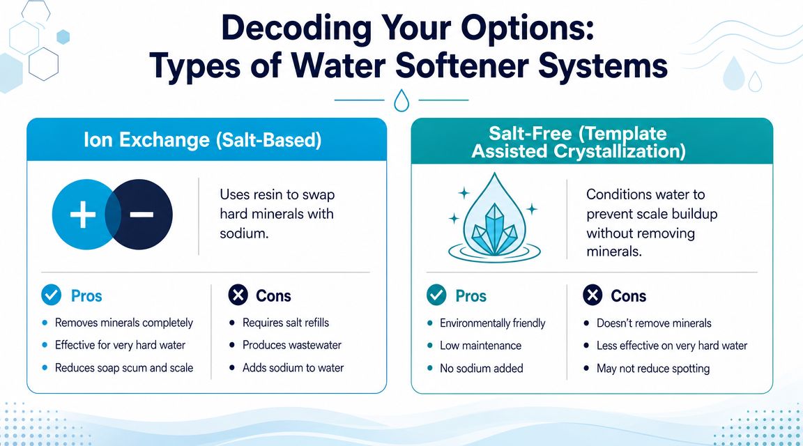 A comparison chart outlining the pros and cons of ion exchange and salt-free water softener systems.