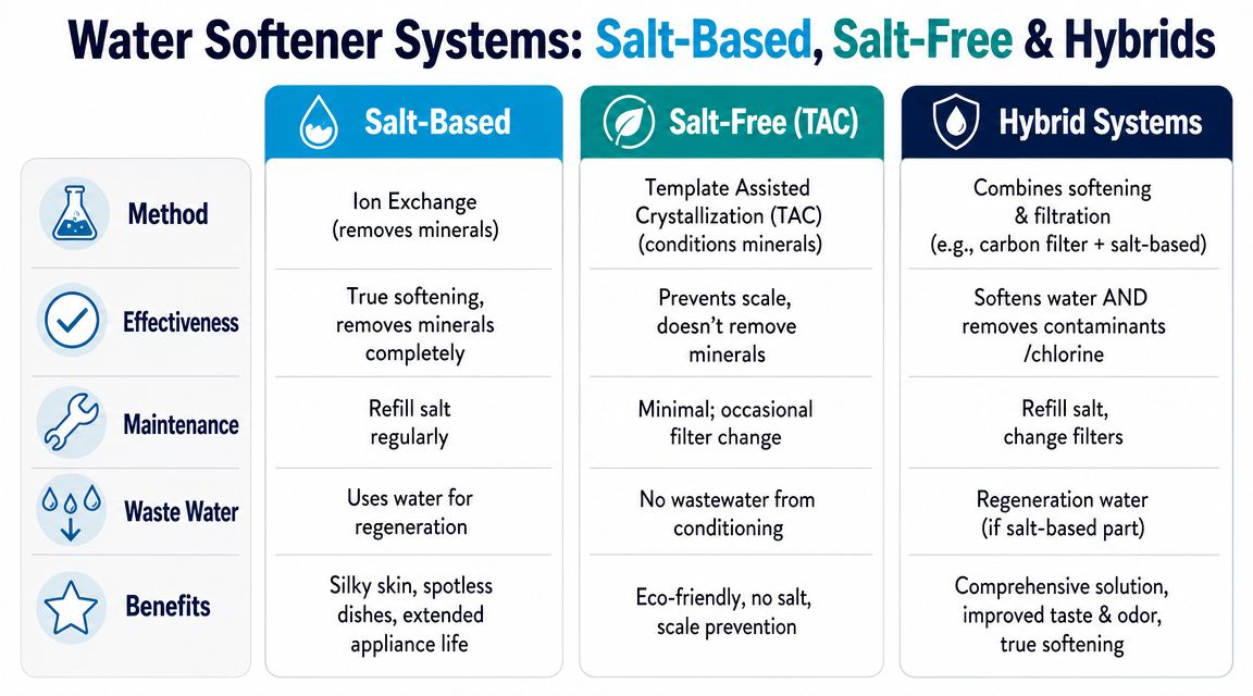 A comparison chart outlining the differences between salt-based, salt-free, and hybrid water softener systems.