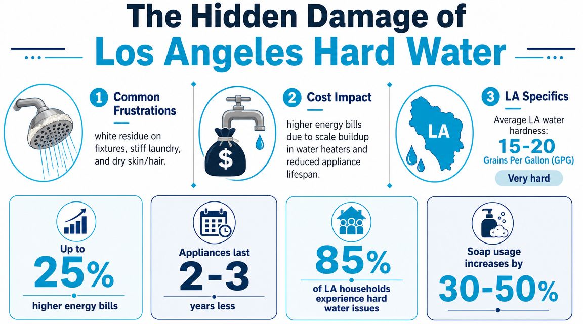 An infographic detailing the negative effects and economic impacts of hard water on Los Angeles households.