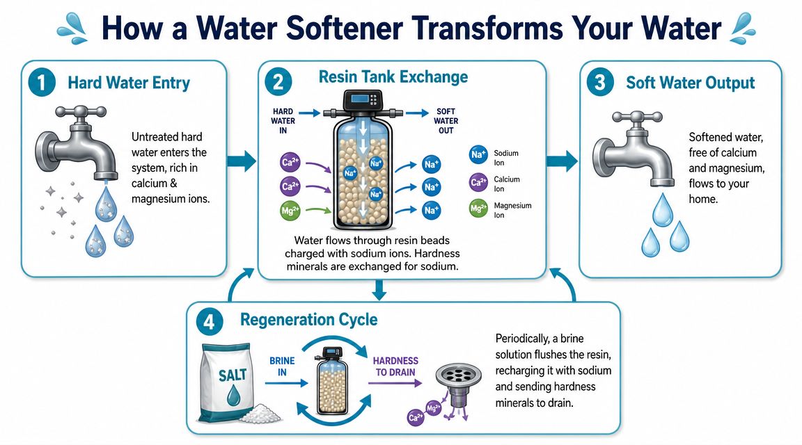 A diagram illustrating the four-step process of how water softener systems transform hard water into soft water.