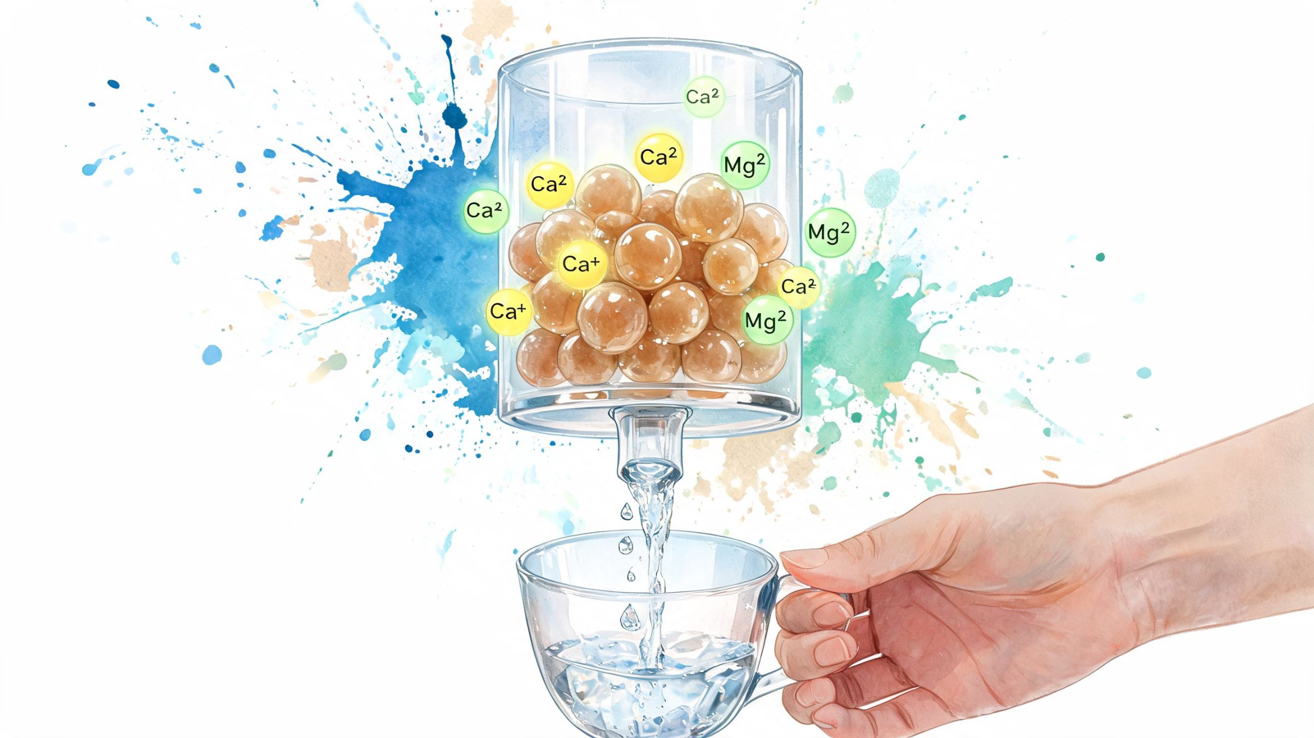 A hand holding a glass of water being filled by a water softener filtration system.