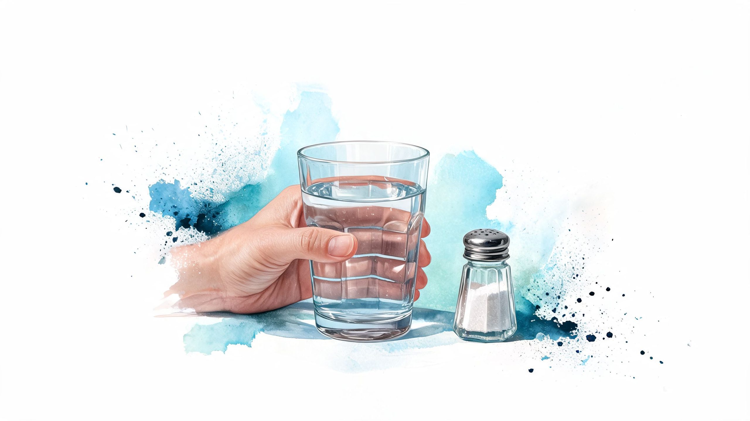 A hand holds a clear glass of water next to a small glass salt shaker on white background.