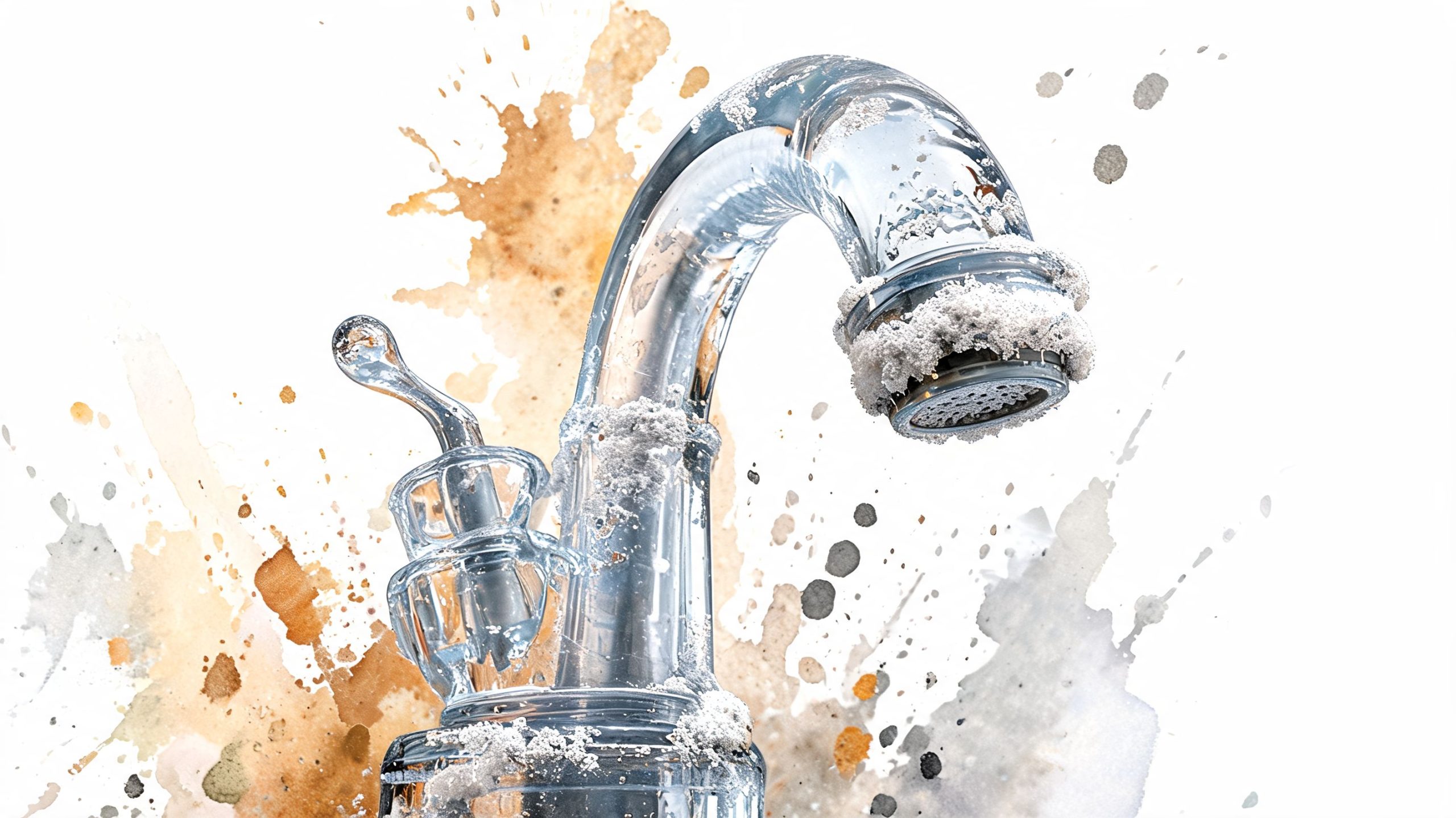 A close-up view of a faucet covered in hard water mineral deposits against a watercolor background.