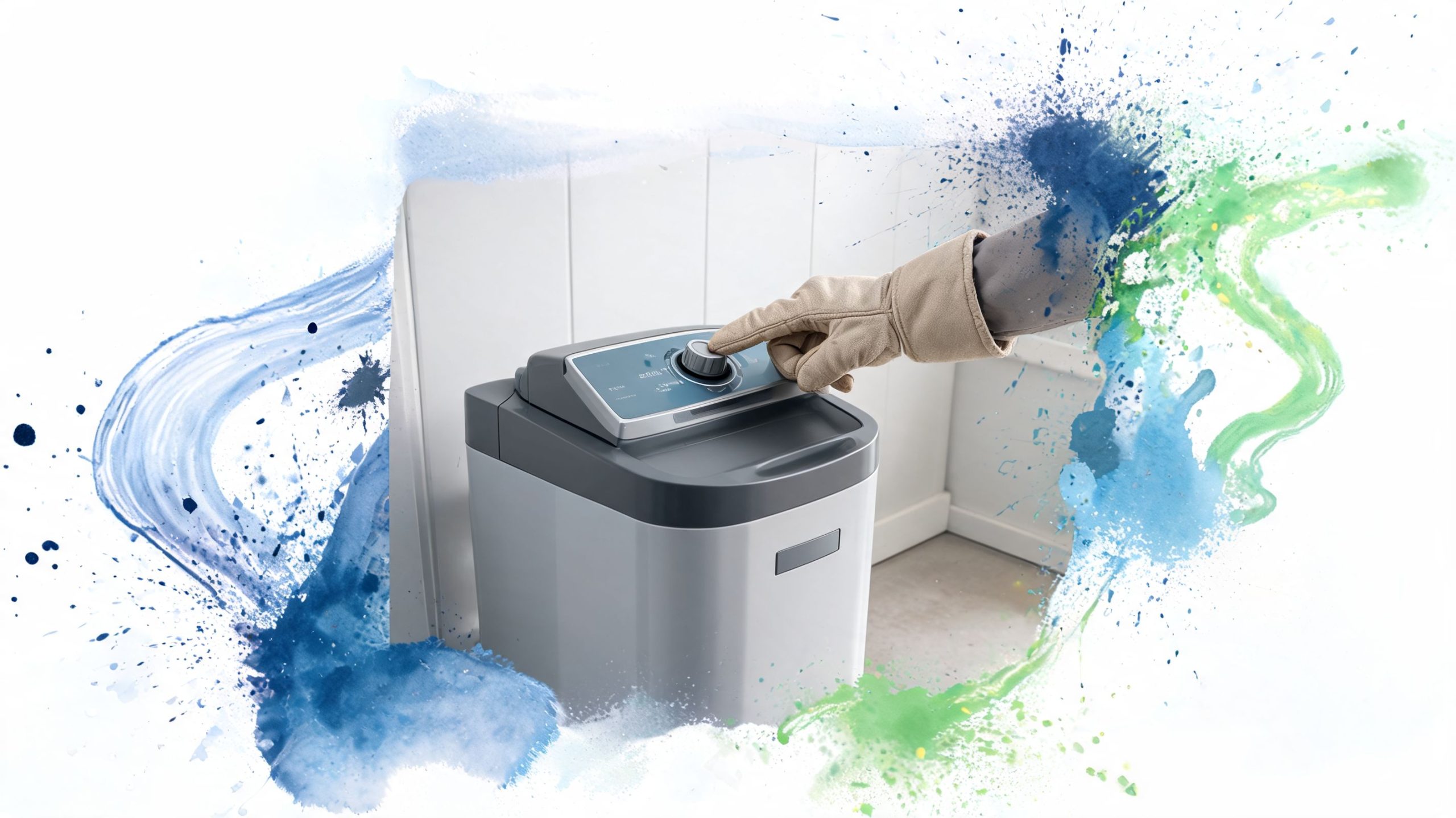 A gloved hand adjusting the settings dial on a modern white residential water softener unit.