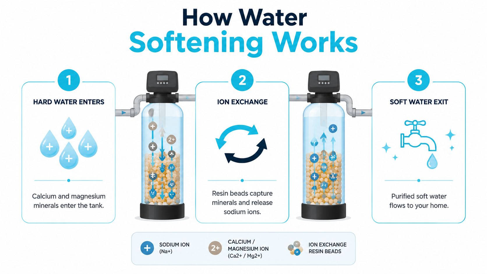 A simplified diagram showing the water softening process including hard water entry, ion exchange, and soft water exit.