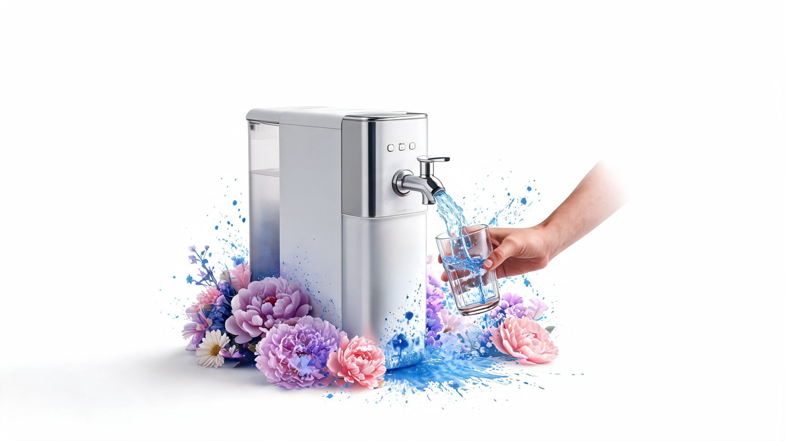 A modern water dispenser pouring fresh water into a glass, decorated with beautiful vibrant flowers.