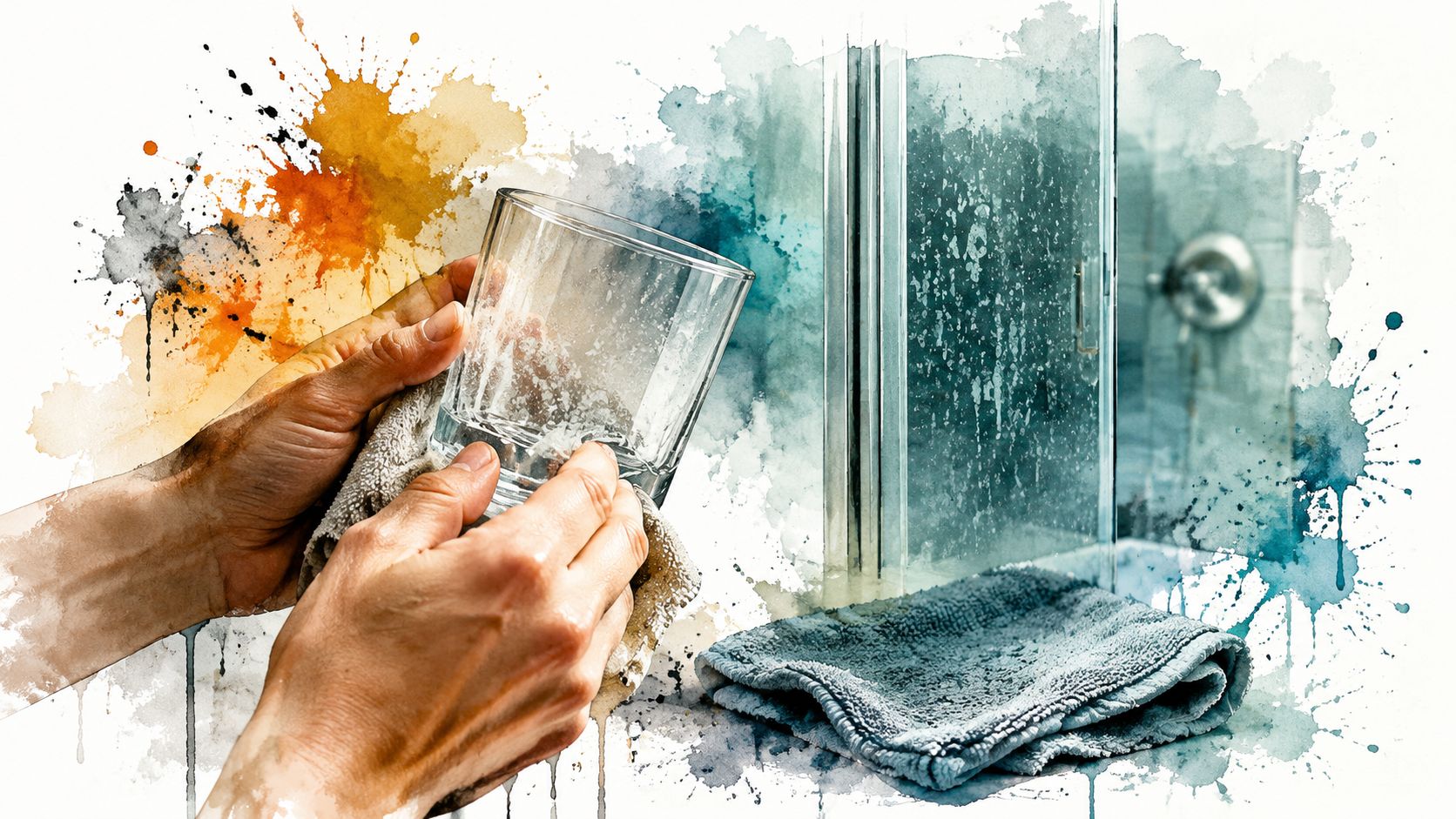 A person cleaning a glass with water softener salt residue beside a shower stall in a bathroom.