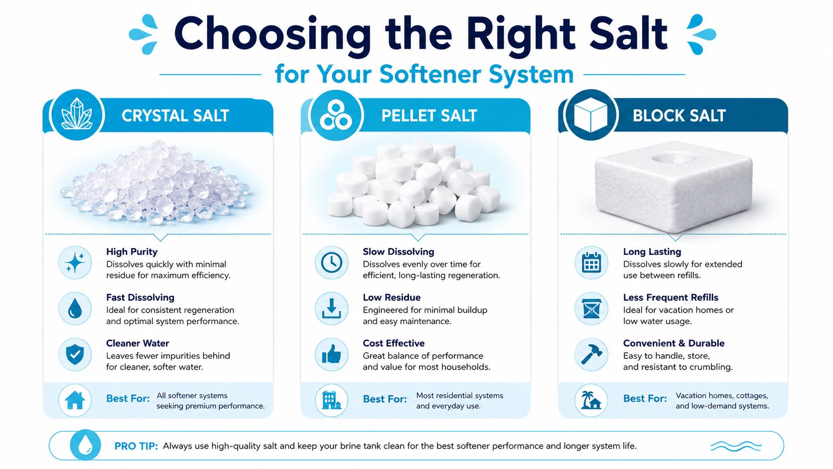 An infographic showing the three types of water softener salt, comparing Crystal, Pellet, and Block salt varieties.