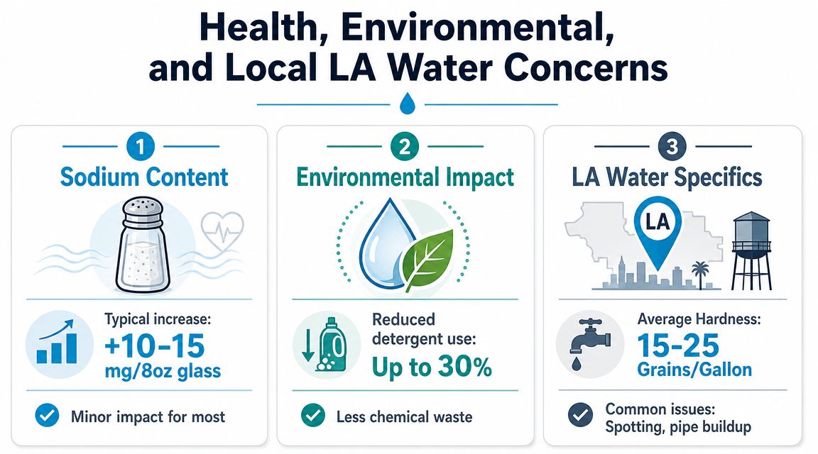 An infographic detailing health, environmental, and local water quality concerns related to water softener usage in LA.