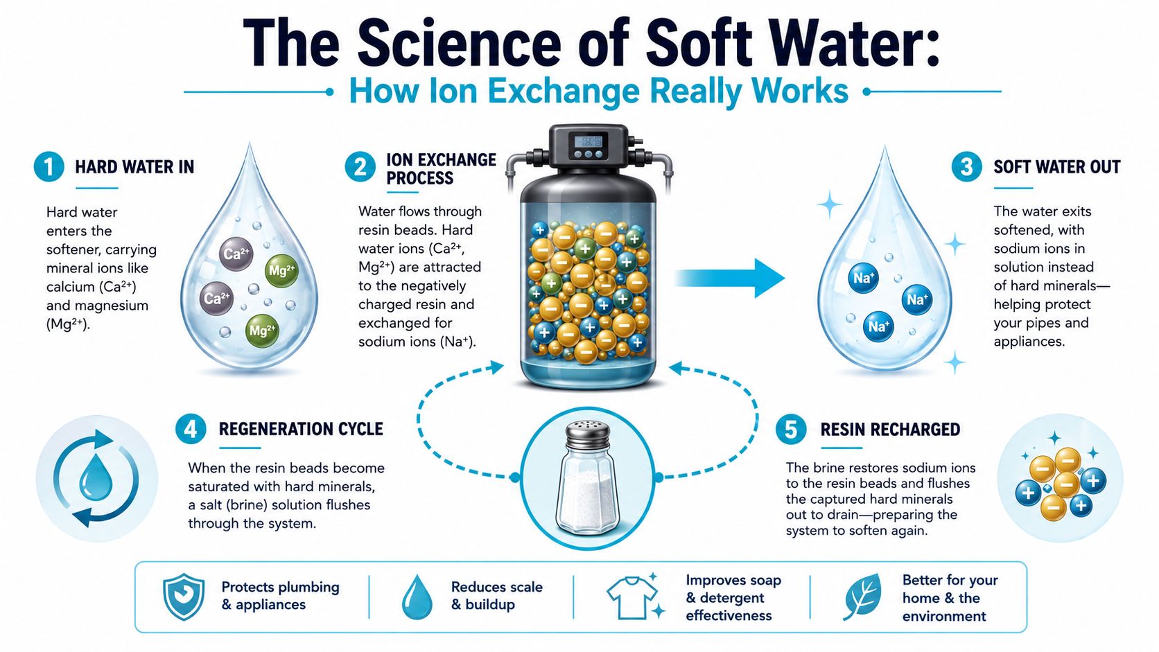 An infographic illustrating the ion exchange process used in water softeners to remove minerals and soften water.