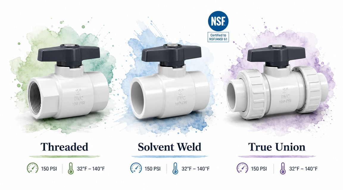 A display of three different types of 2 inch PVC ball valves including threaded, solvent weld, and true union designs.