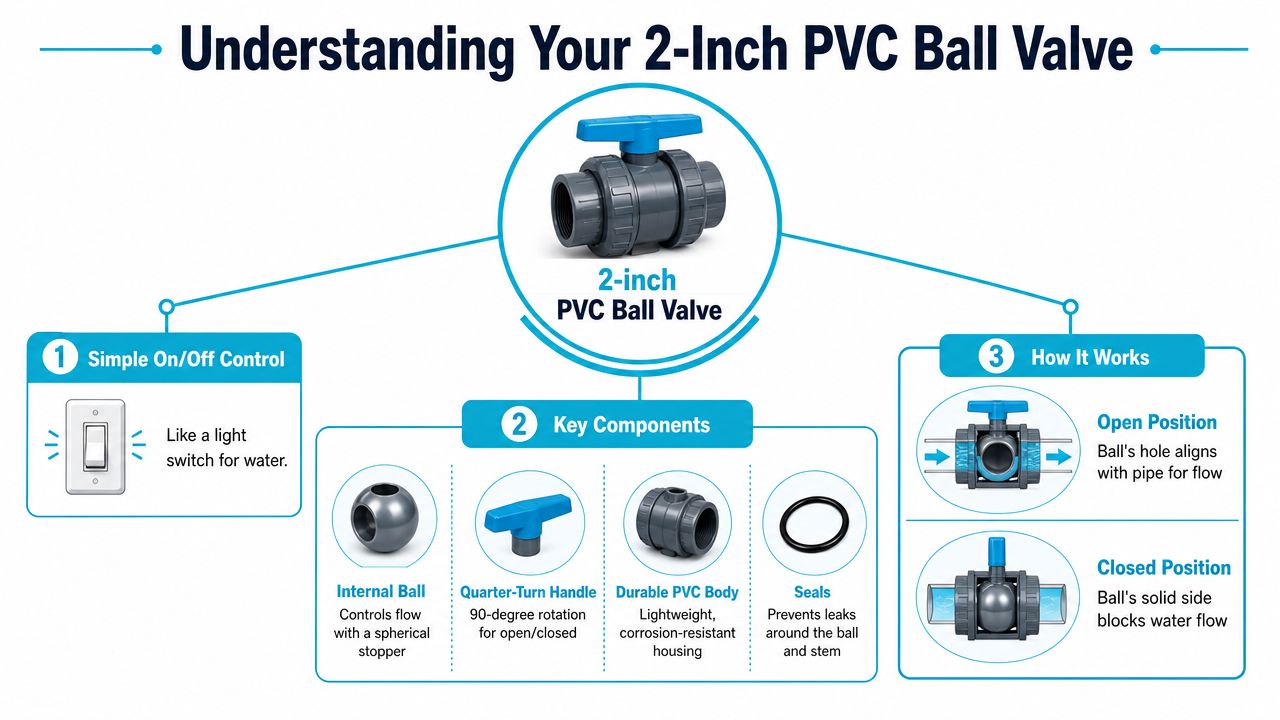 A diagram illustrating the parts and function of a 2-inch PVC ball valve for plumbing.