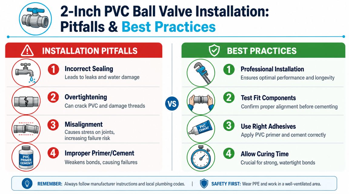 An infographic showing installation pitfalls and best practices for installing a 2-inch PVC ball valve.