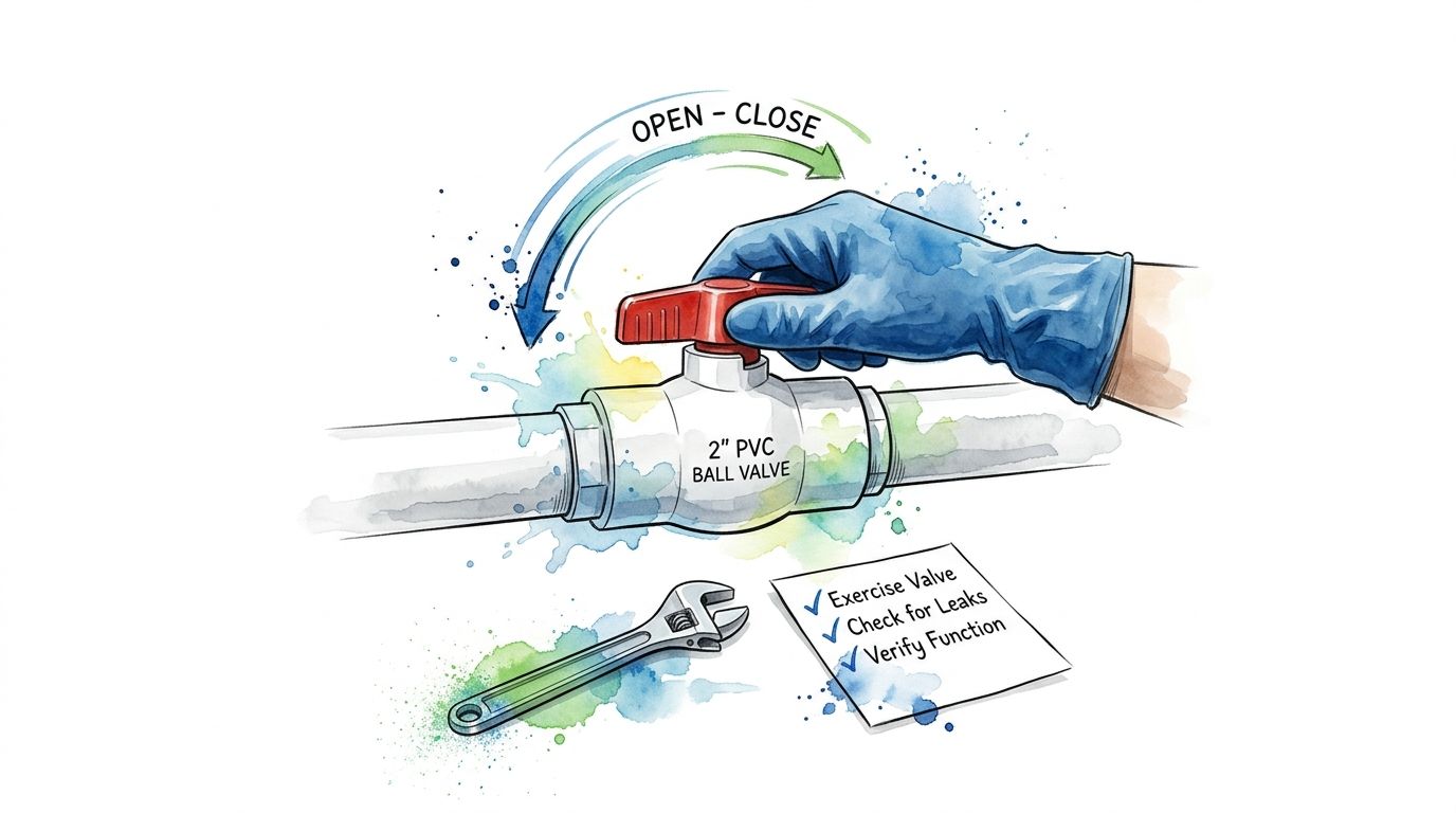 A hand in a blue glove turning a 2-inch PVC ball valve for maintenance and testing.