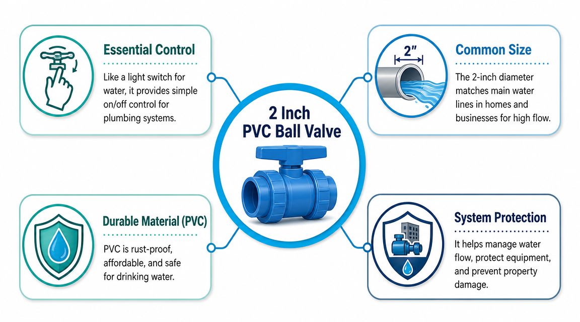 A 2-inch blue PVC ball valve displayed with information points about its function, size, durability, and usage.