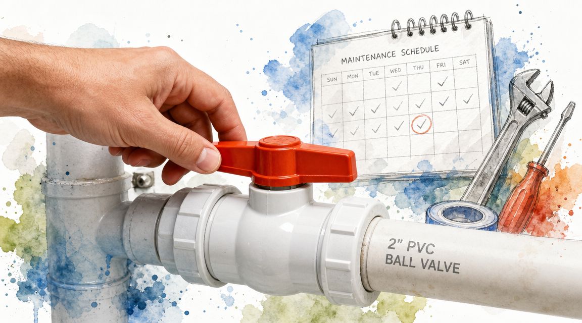 A hand turning a red handle on a 2-inch PVC ball valve for plumbing maintenance tasks.