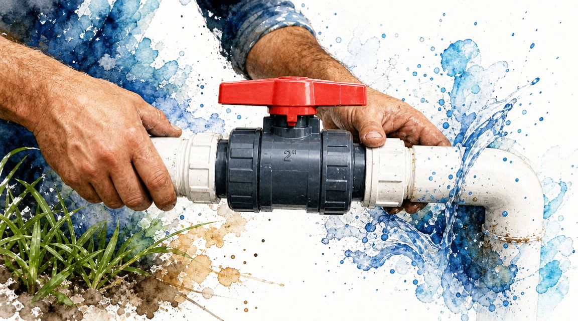 A pair of hands holding a 2 inch PVC ball valve connected to white plumbing pipes with water splashing.