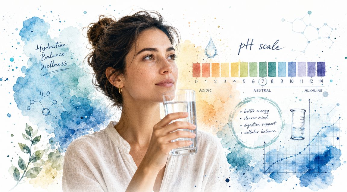 A woman drinking water next to a pH scale chart showing acidic, neutral, and alkaline values.