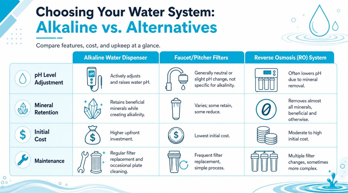 A comparison chart outlining the differences between alkaline water dispensers, faucet filters, and reverse osmosis systems.