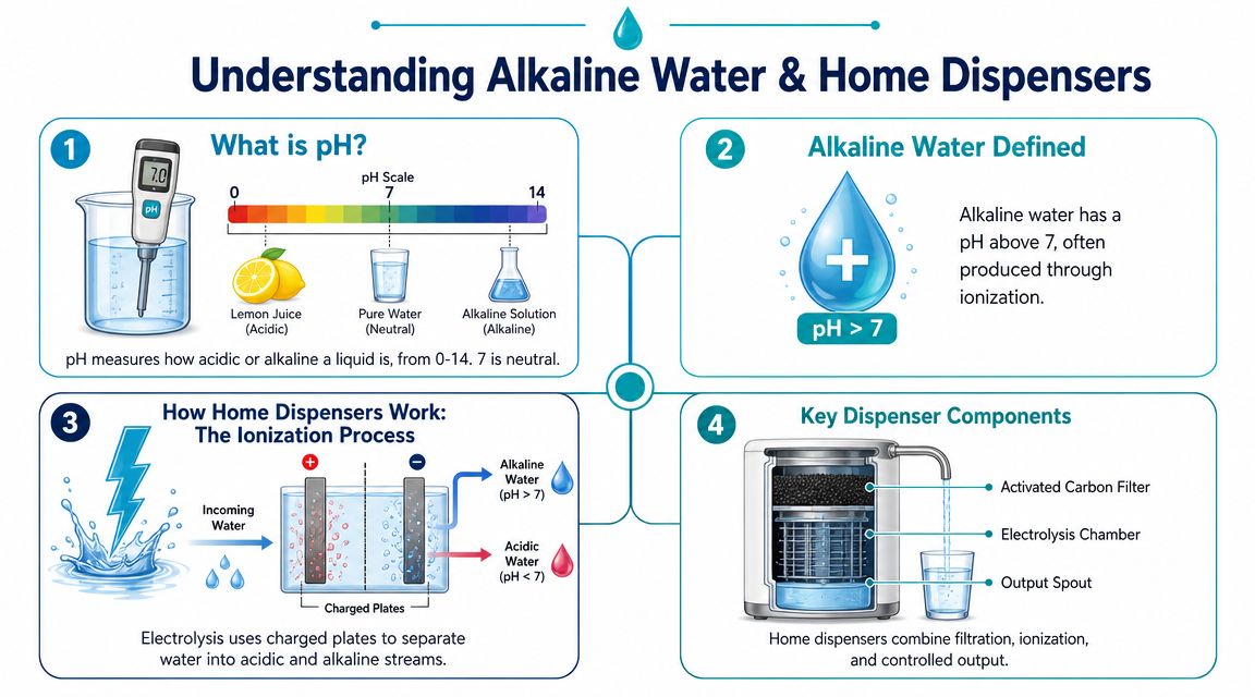 An infographic explaining alkaline water, the pH scale, the ionization process, and home dispenser components.