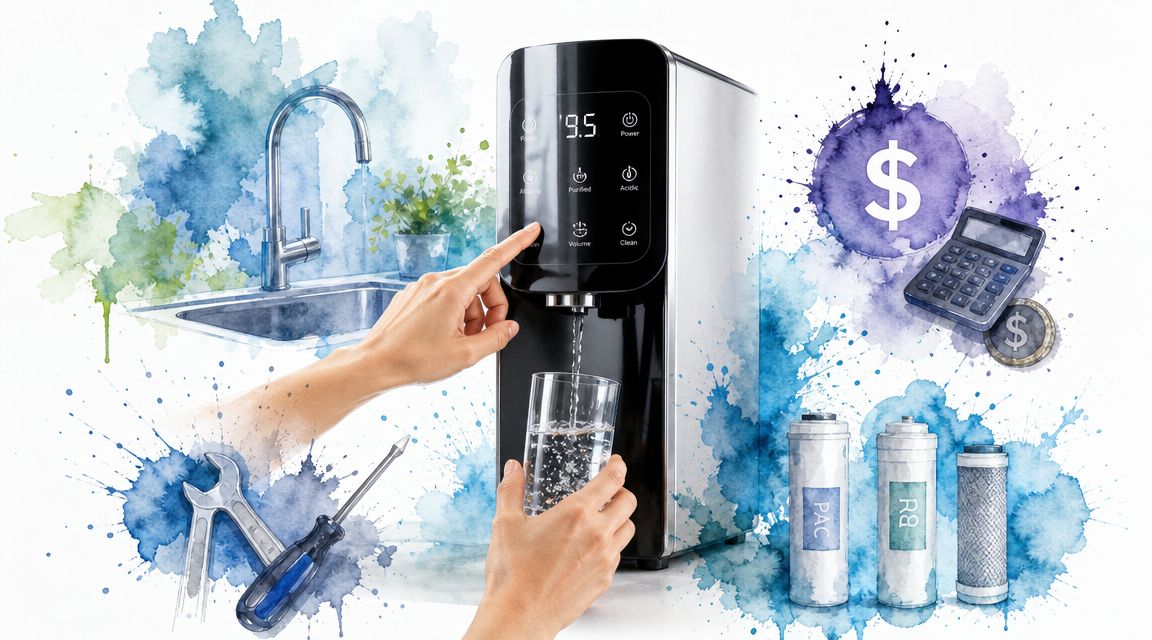 A person using an alkaline water dispenser for home with maintenance tools and financial symbols nearby.