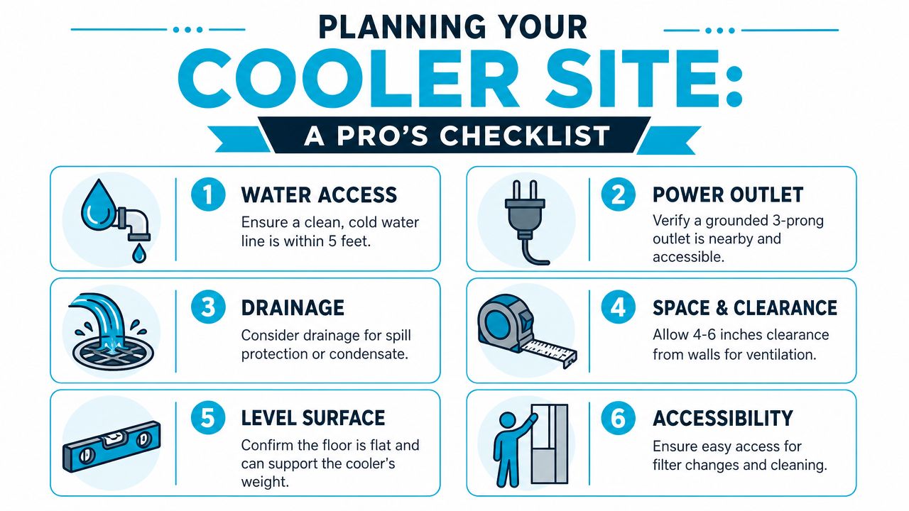 A checklist infographic titled Planning Your Cooler Site detailing six essential requirements for water cooler installation.