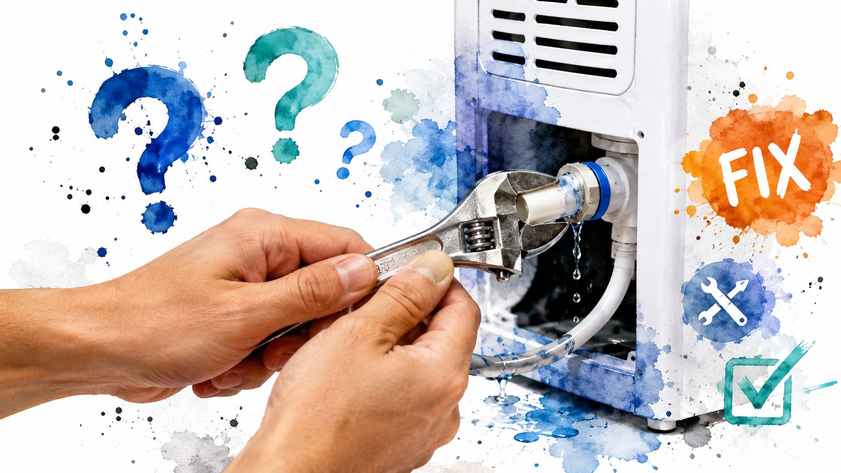 A technician using a wrench to repair a leaking water line on a bottleless water cooler unit.