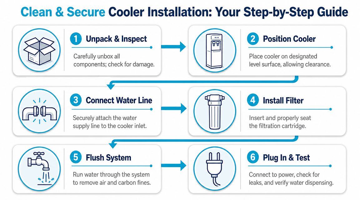 A six-step infographic guide for installing a bottleless water cooler safely and efficiently.