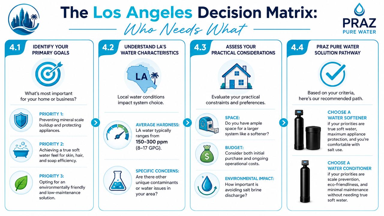 A decision matrix infographic from Praz Pure Water helping Los Angeles residents choose between water softeners and conditioners.