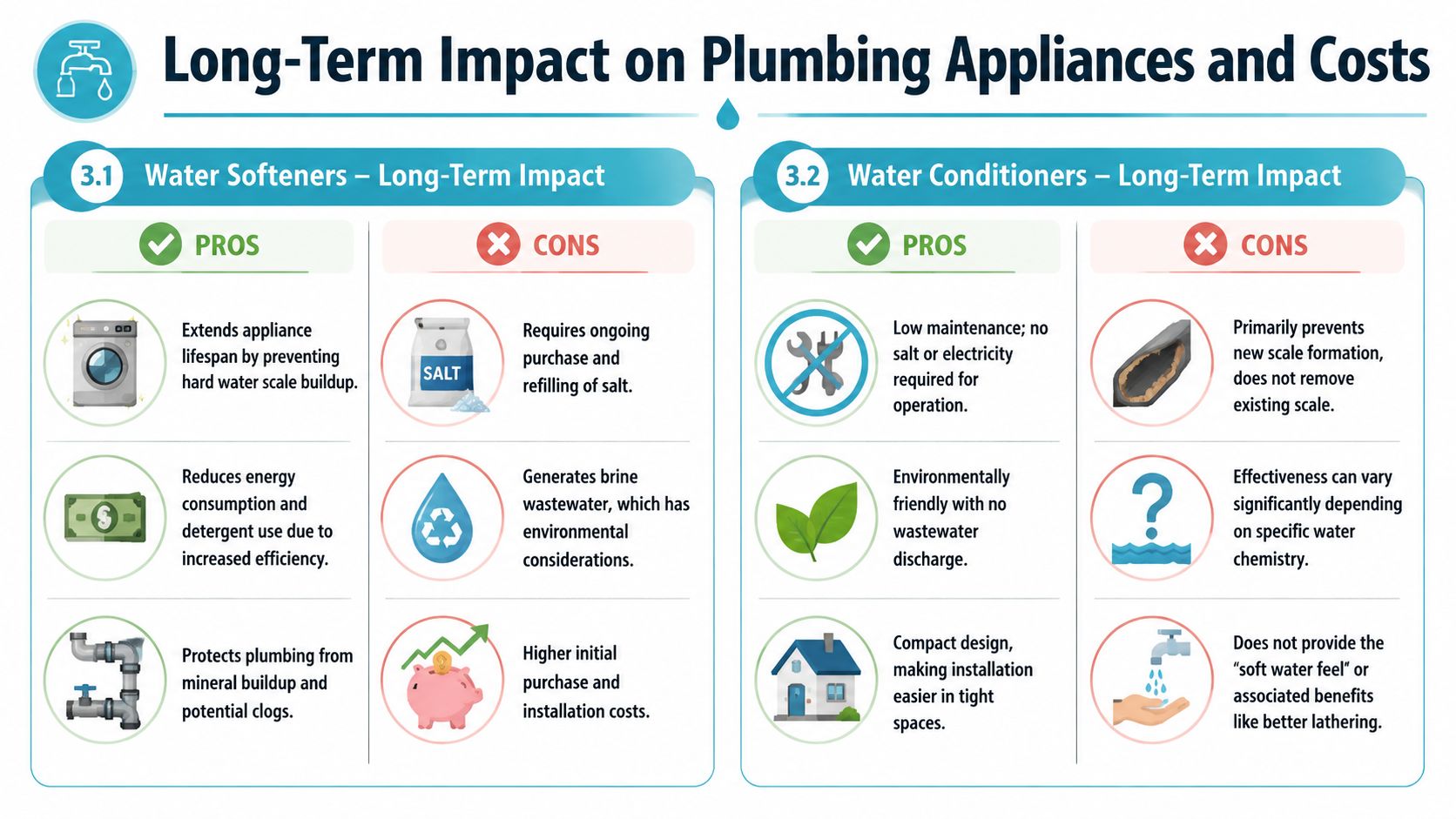 A comparison chart outlining the pros and cons of water softeners versus water conditioners for home plumbing systems.