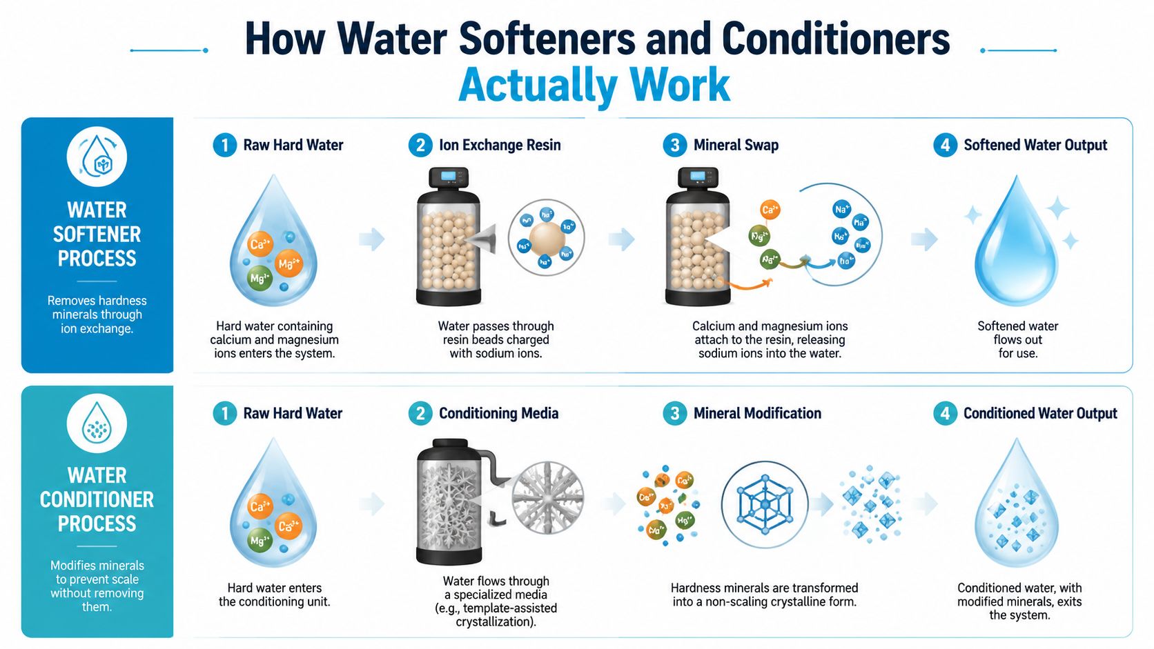 An infographic comparing the water softener process and water conditioner process with descriptive diagrams and flowcharts.