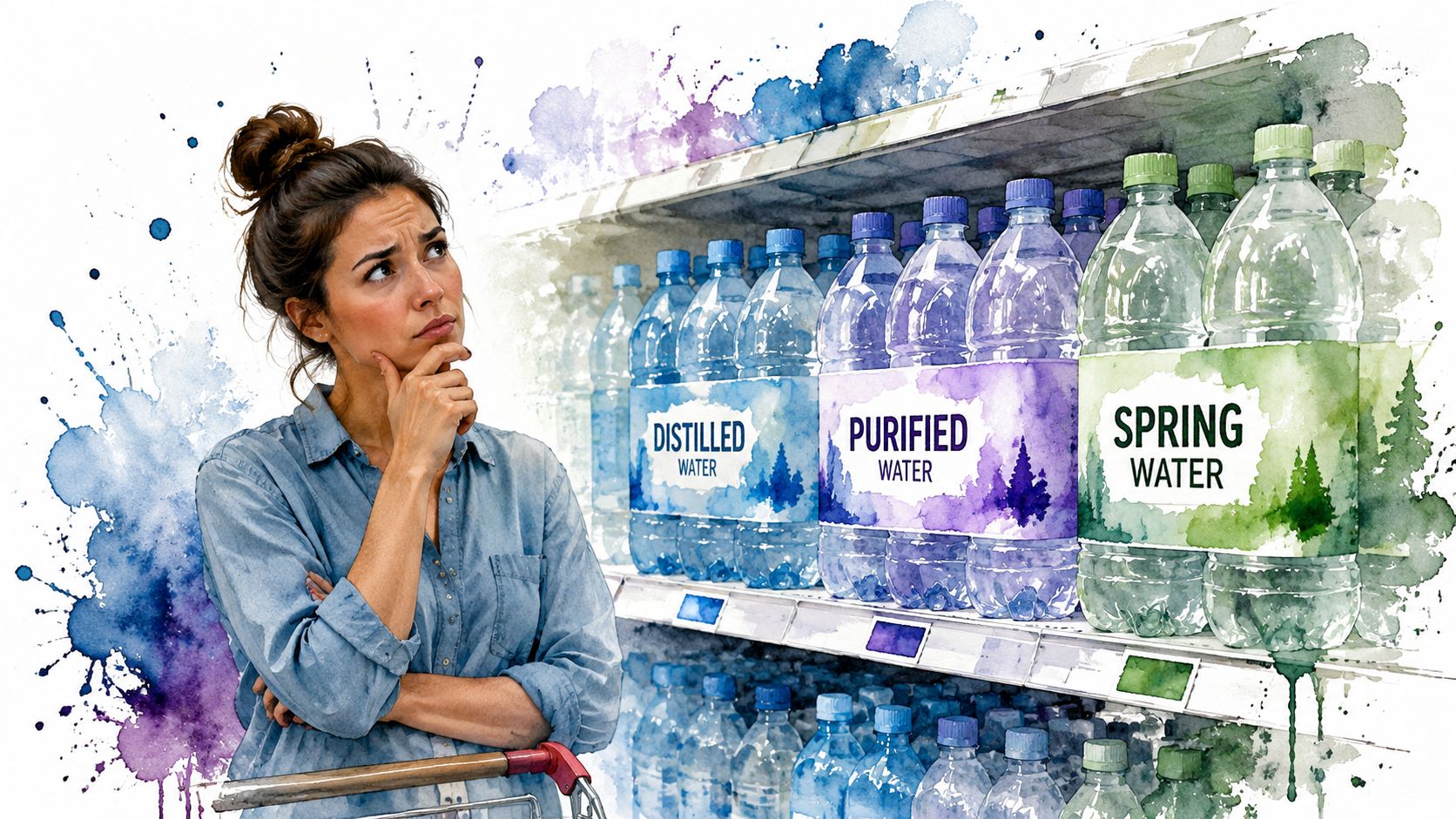 A woman shopping in a grocery store aisle deciding between distilled, purified, and spring water bottles.