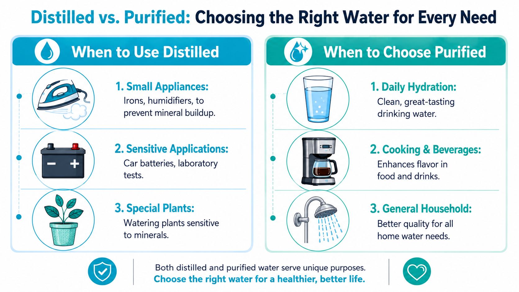 An infographic comparing when to use distilled water versus purified water for various home and technical applications.
