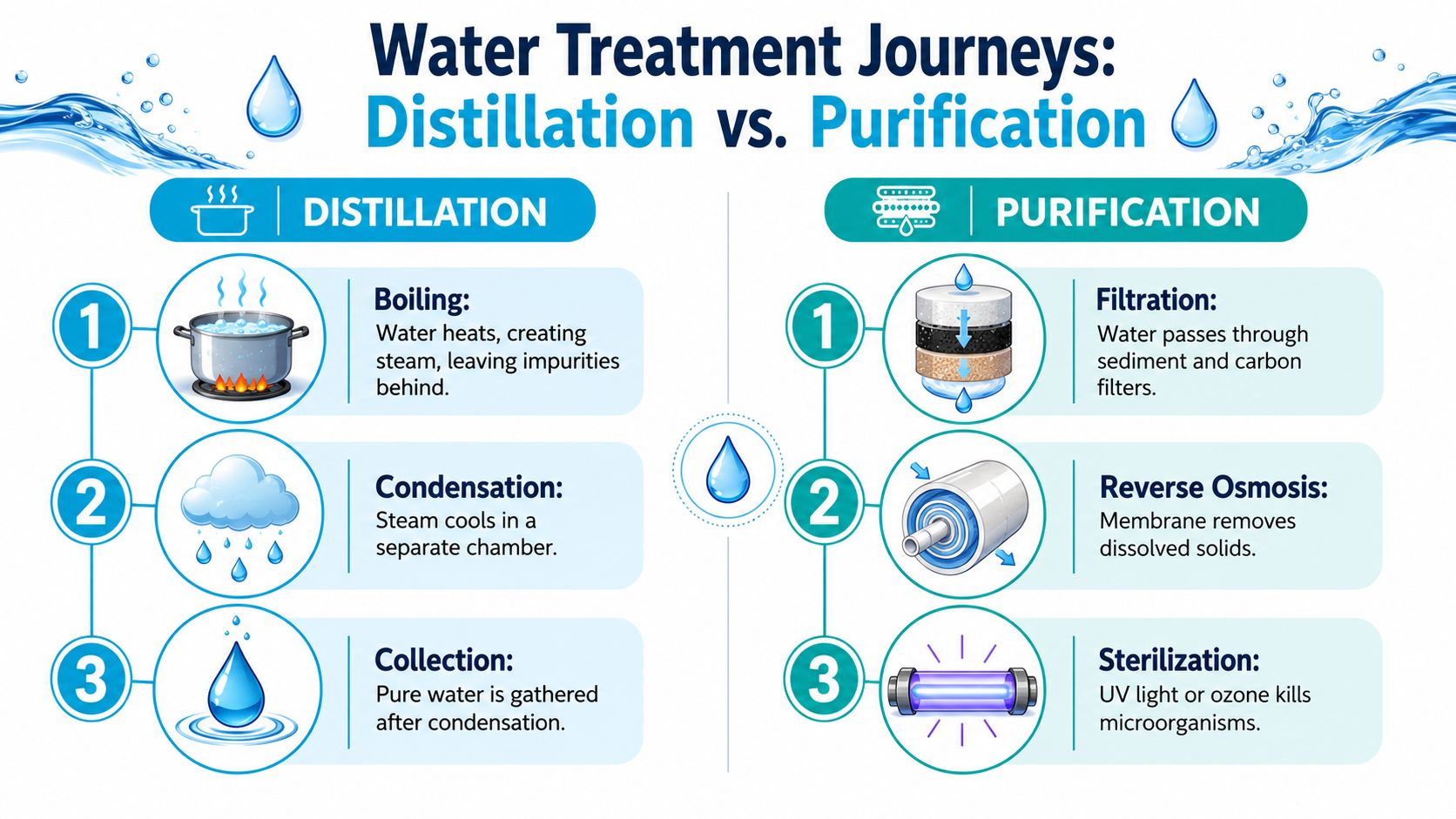 An infographic comparing the processes of water distillation and water purification with clear step-by-step illustrations.